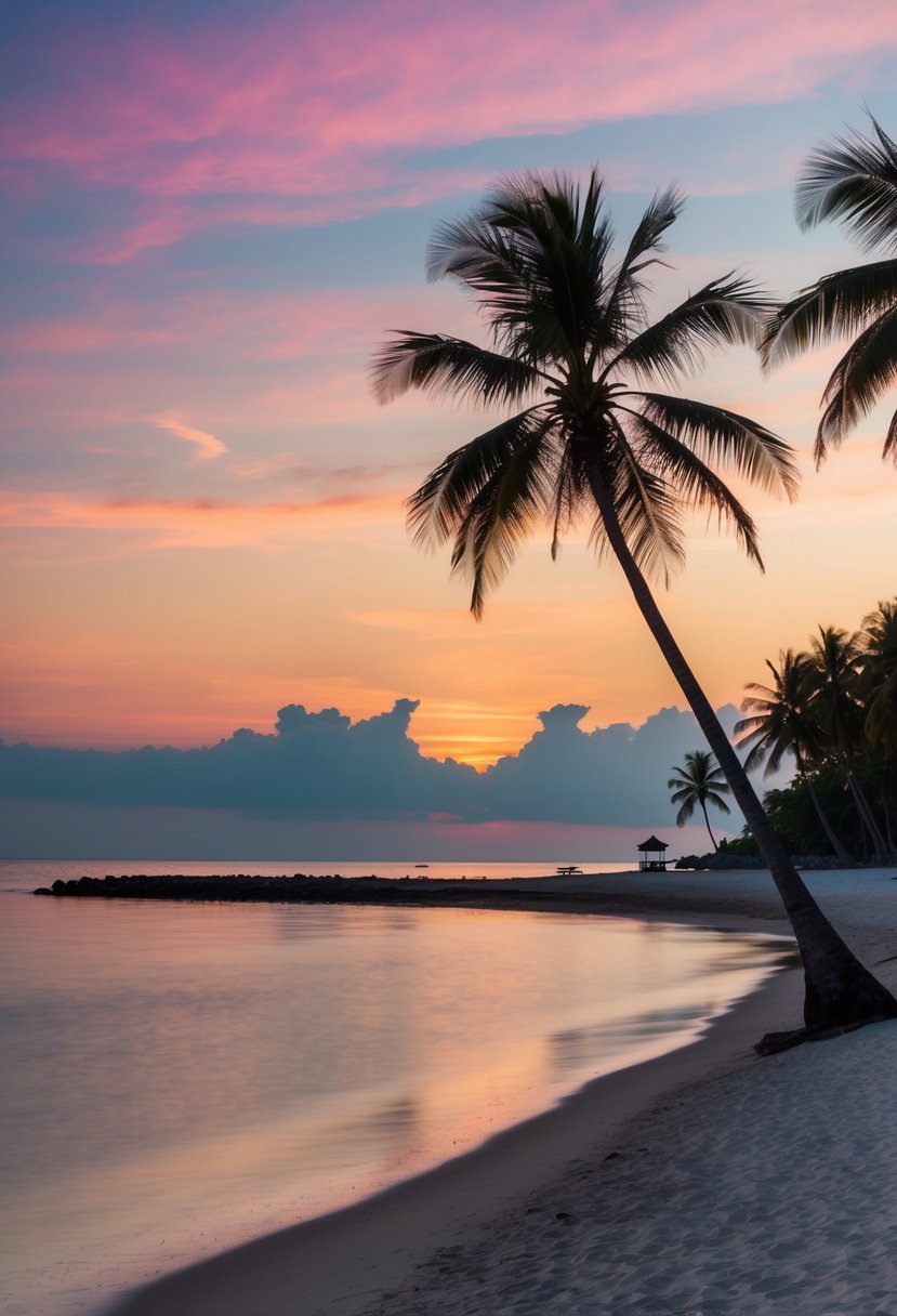 A serene beach at sunset, with palm trees and calm waters, set against a colorful sky in Thailand