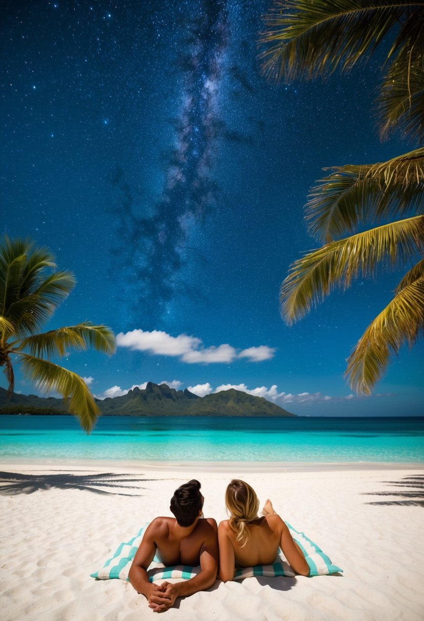 A couple lies on a white sandy beach, gazing up at the star-filled sky over the crystal-clear waters of Bora Bora. Palm trees sway gently in the warm breeze, creating a romantic atmosphere