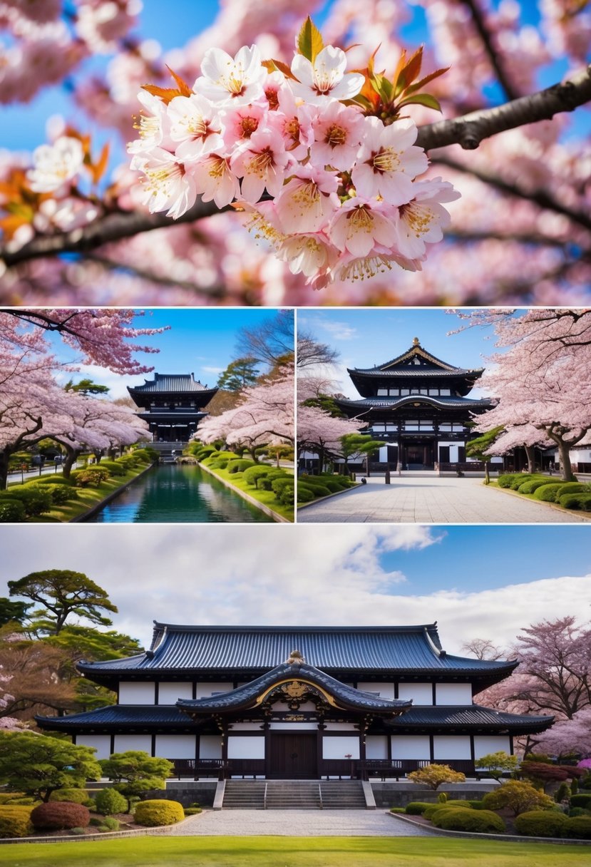 Cherry blossoms in full bloom, traditional Japanese architecture, and serene gardens in Japan during April