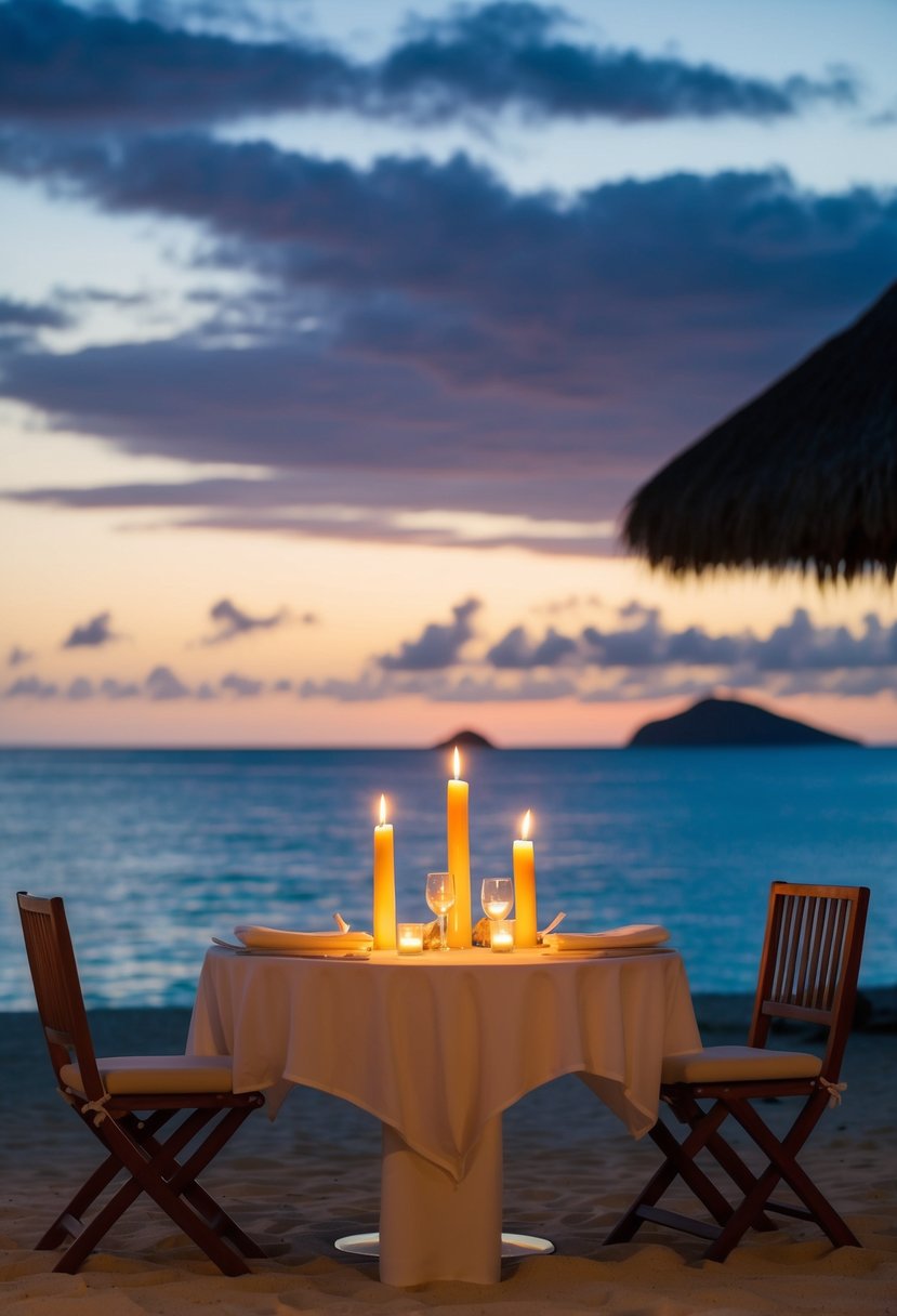 A candlelit table set on a private beach with a view of the sunset over the water at La Villa Mahana in Bora Bora