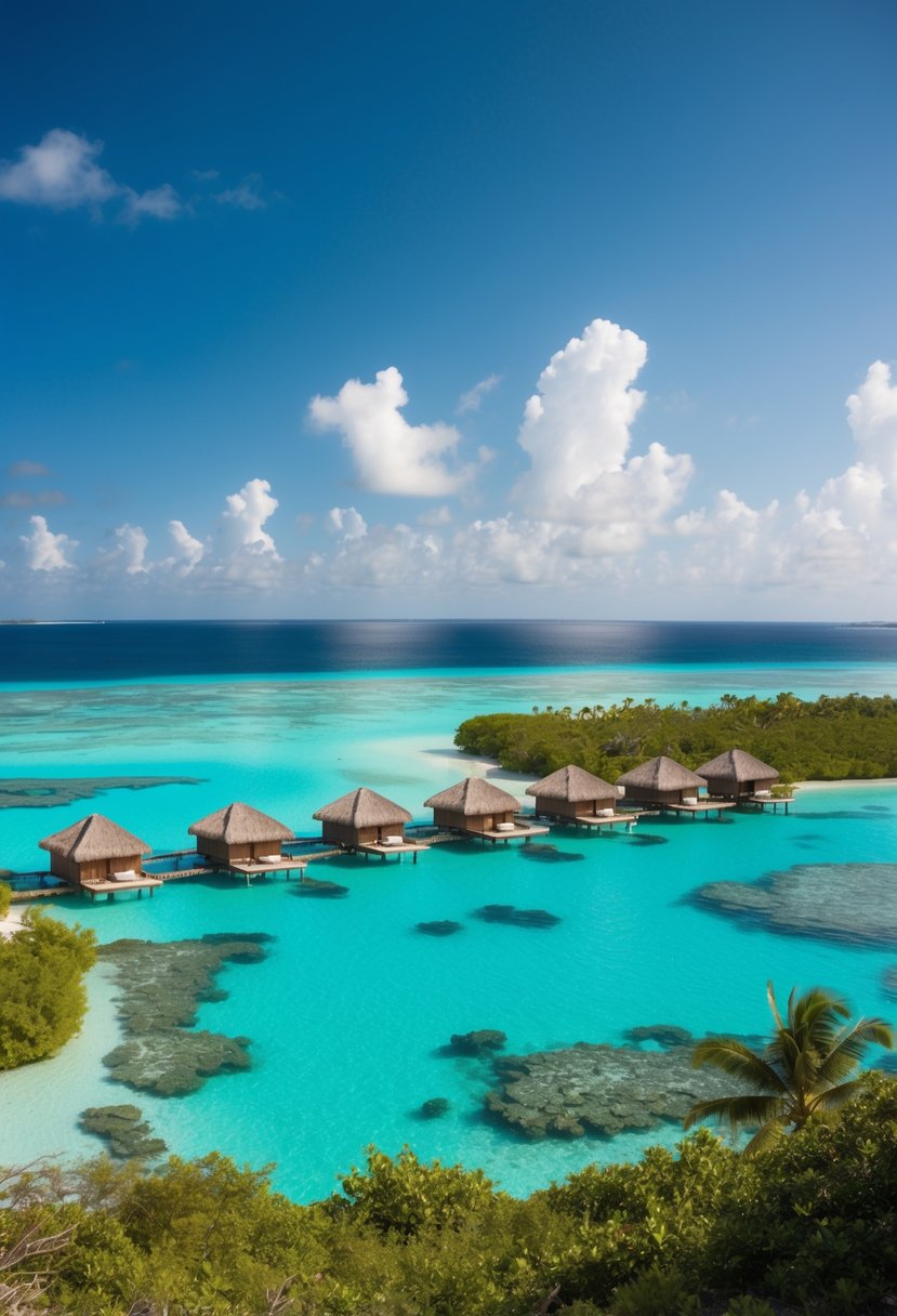 A serene lagoon with overwater bungalows, surrounded by crystal-clear waters and vibrant coral reefs, showcasing Tahitian Pearl Farms in Bora Bora