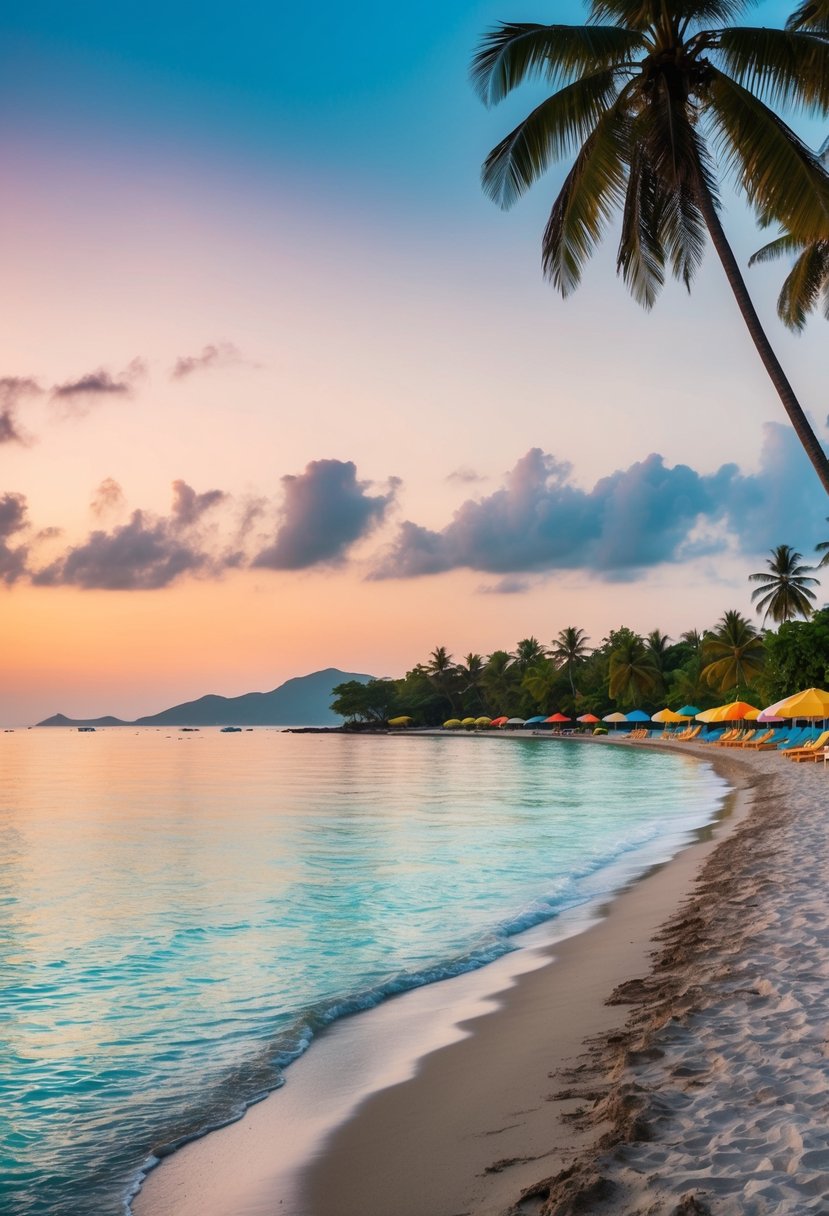 A serene beach at sunset, with palm trees and colorful umbrellas lining the shore, overlooking the calm, turquoise waters of Bali in July