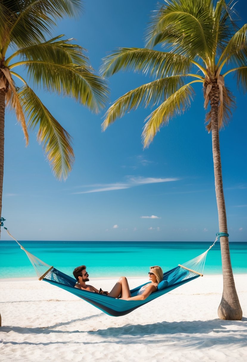 A couple lounges in a hammock strung between two palm trees on a pristine white sand beach. Turquoise water stretches to the horizon under a clear blue sky