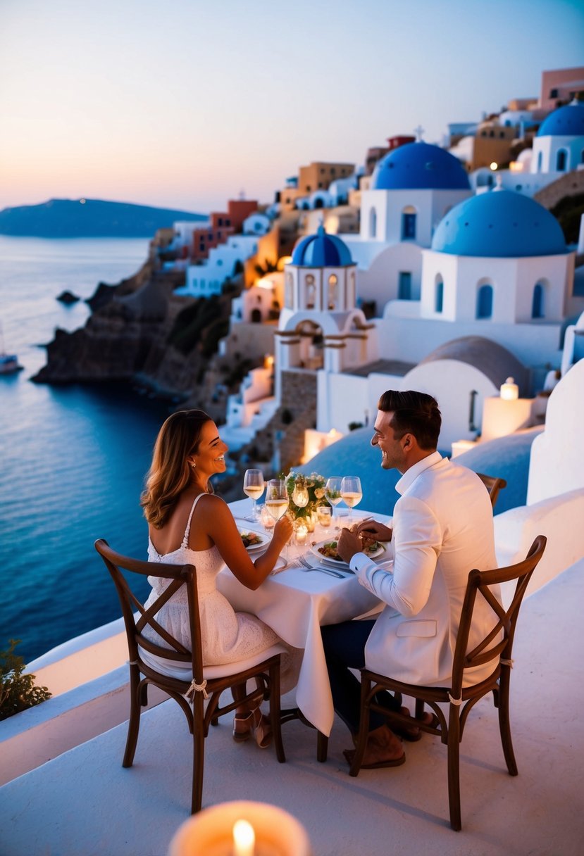 A couple enjoys a romantic sunset dinner overlooking the iconic blue-domed buildings and crystal-clear waters of Santorini in September