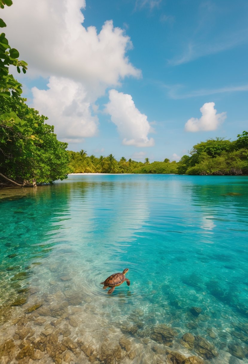 A serene lagoon with crystal-clear water, surrounded by lush greenery and a small turtle center on the shore