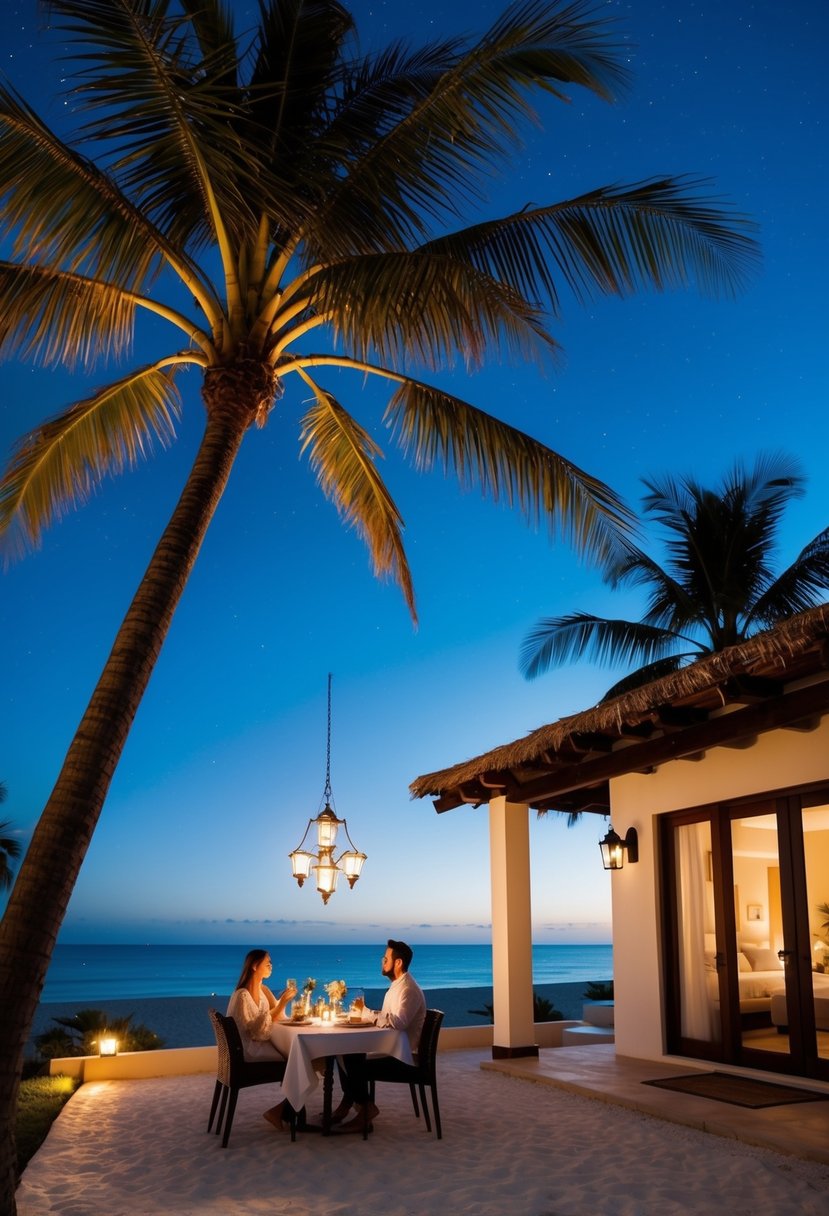 A cozy beachfront villa with palm trees, a clear blue sky, and a couple enjoying a romantic dinner under the stars in Mexico in December