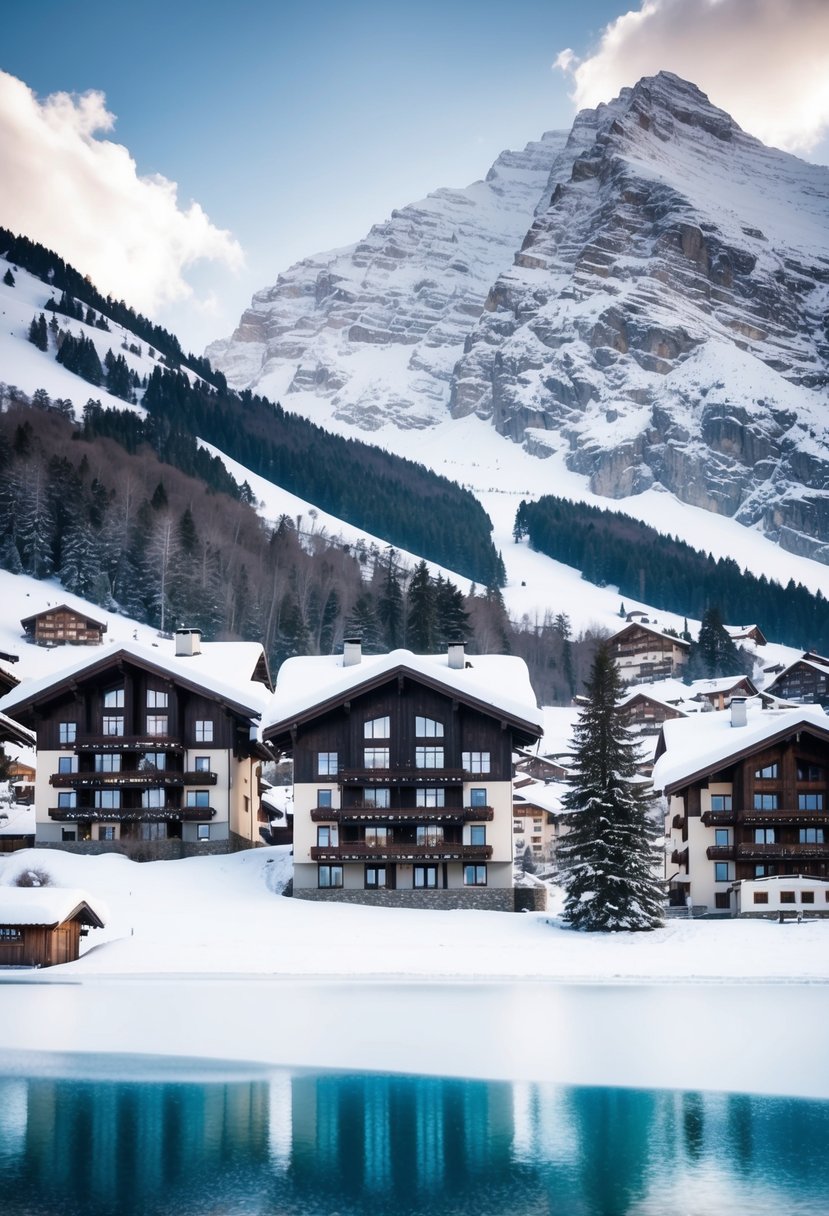Snow-covered Swiss chalets nestled in the mountains, with a frozen lake and pine trees in the background