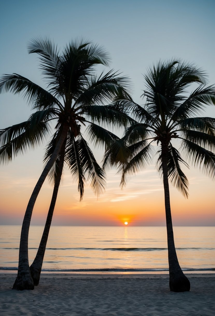 A serene beach at sunset, with palm trees and a calm ocean, creating a romantic atmosphere for a honeymoon in Vietnam in February