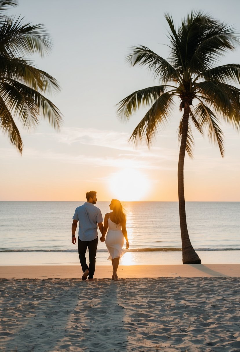A couple strolling along a pristine beach at sunset, with palm trees swaying in the gentle breeze and the ocean shimmering under the warm March sun