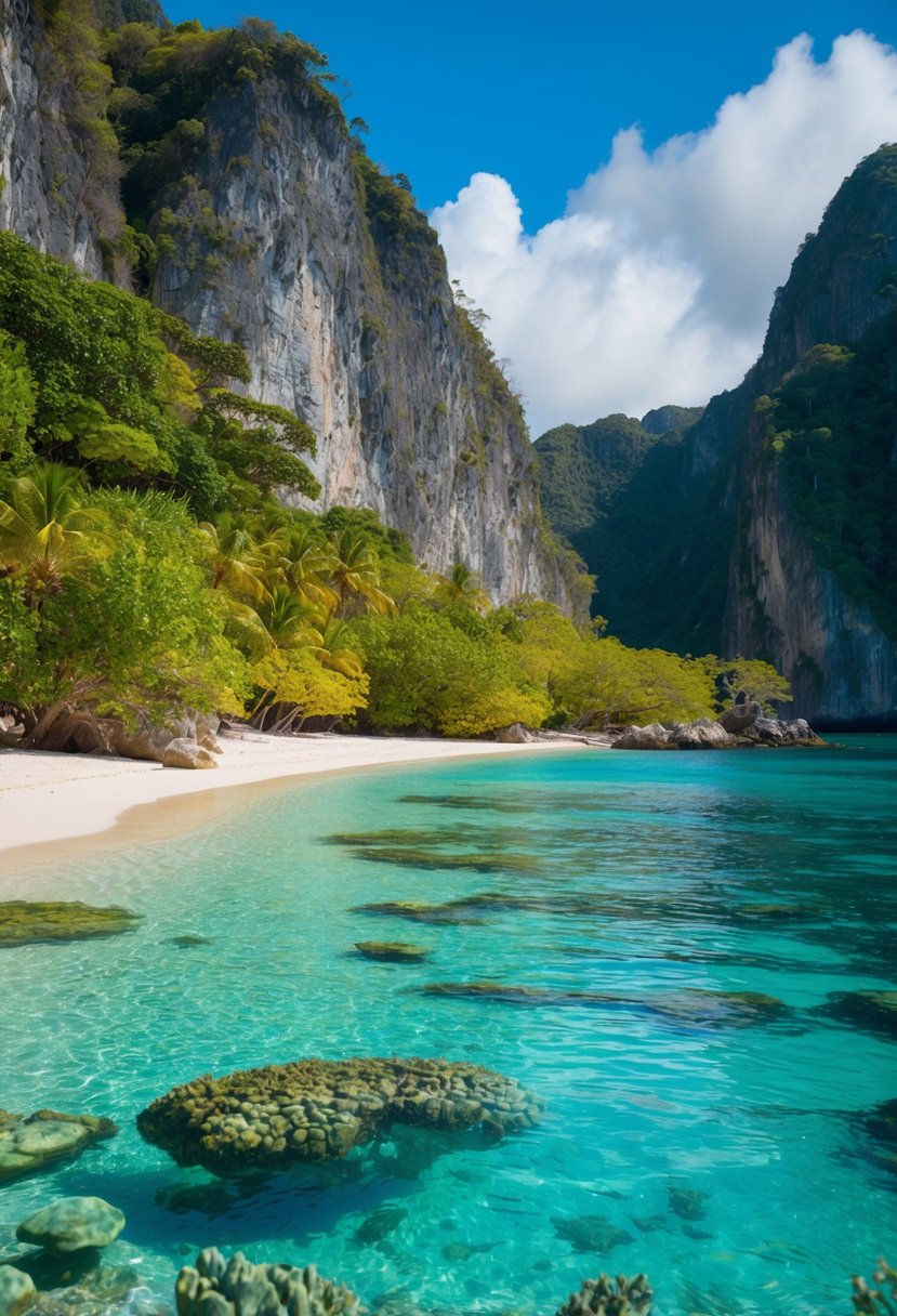 A secluded beach with crystal clear waters and lush greenery, surrounded by towering cliffs and colorful marine life