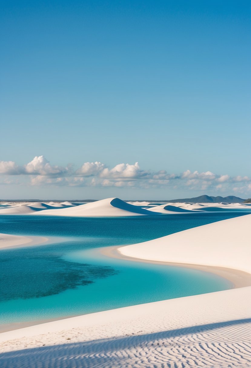 Vast, white sand dunes meet crystal-clear lagoons under a bright blue sky at Lençóis Maranhenses, Brazil's dreamy honeymoon destination