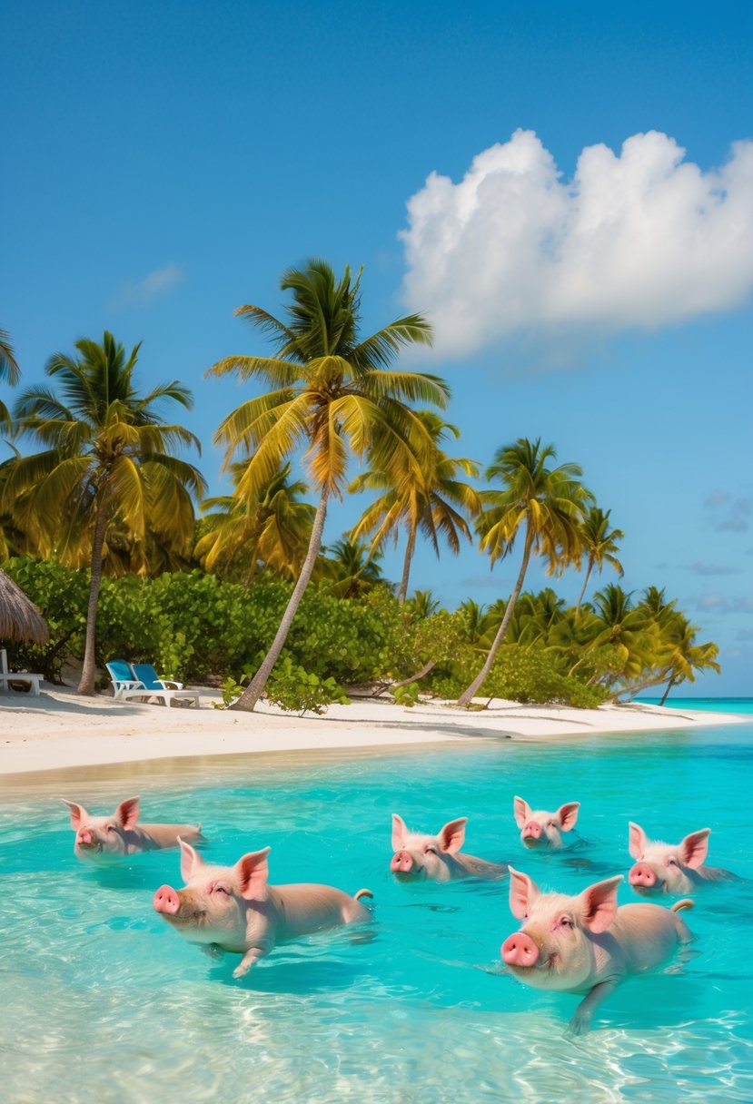 A serene beach with crystal clear waters, palm trees, and a group of friendly swimming pigs enjoying the sunshine in Exuma, Bahamas