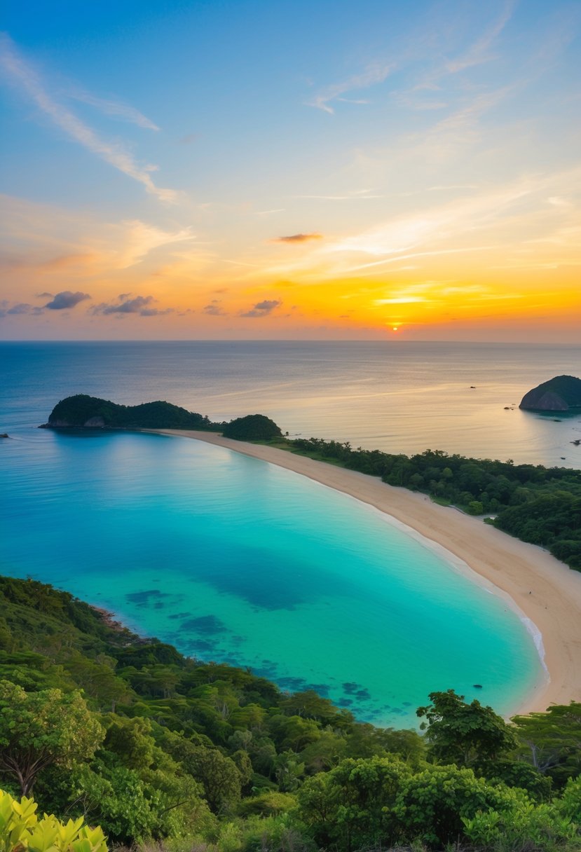 A secluded beach at Ilha Grande, Brazil, with crystal-clear waters, lush greenery, and a colorful sunset