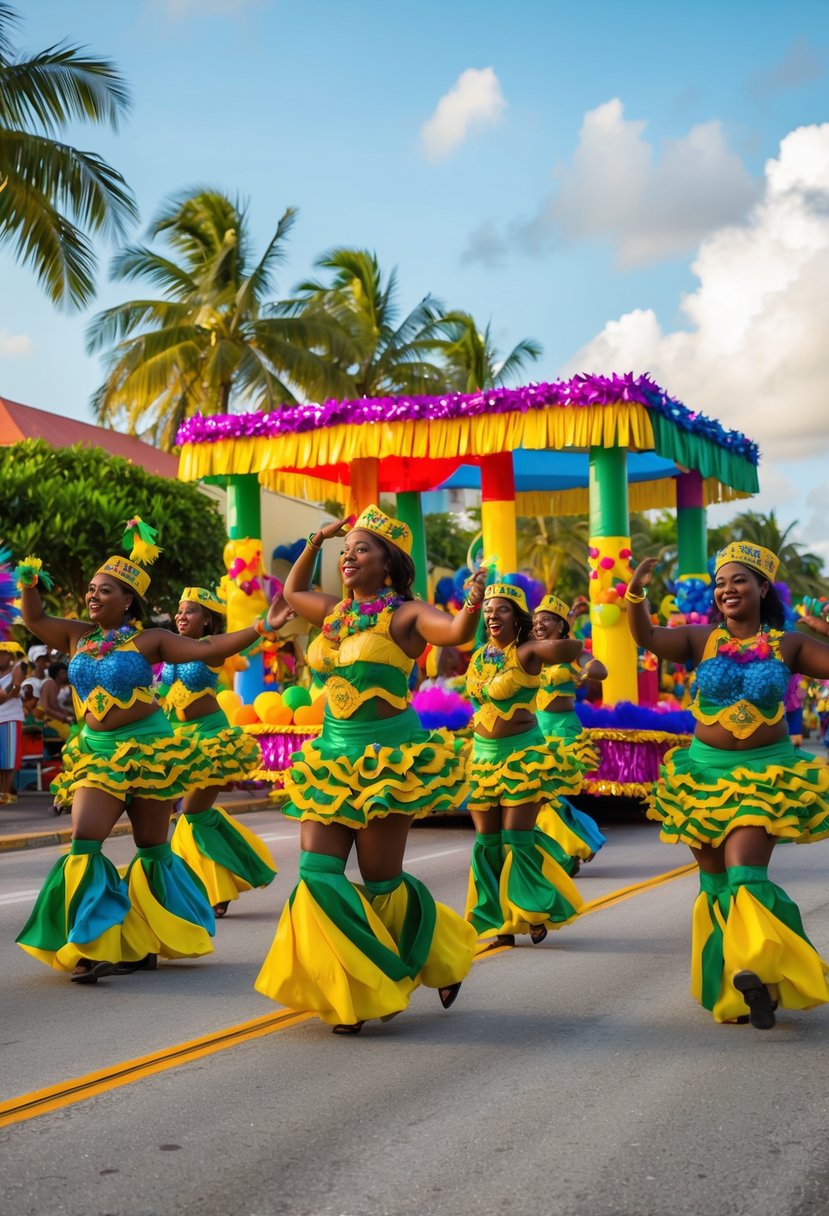 Colorful parade floats and dancers fill the streets of Nassau, Bahamas during the lively Junkanoo Festival. The vibrant costumes and lively music create a festive atmosphere for honeymooners