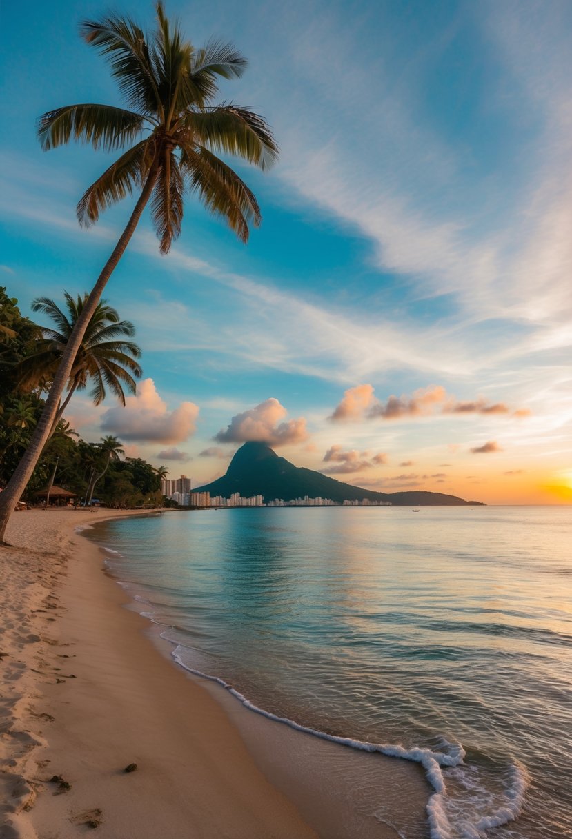 A serene beach in Paraty, Brazil, with crystal-clear waters, palm trees, and a colorful sunset