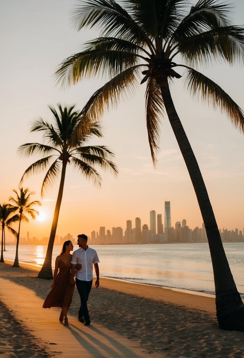 A couple strolling along a golden beach at sunset, palm trees swaying in the warm breeze, with the city skyline in the background