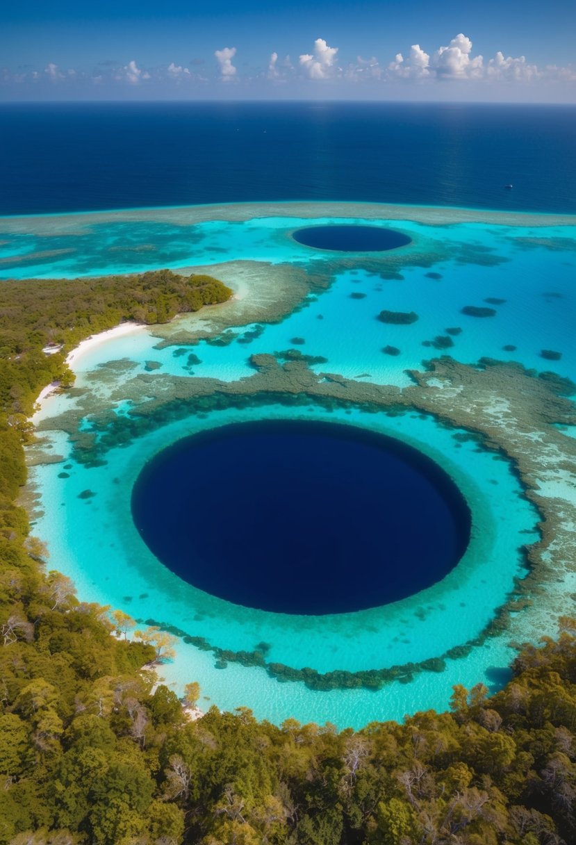 Aerial view of Andros Big Blue Hole surrounded by crystal clear turquoise waters and lush greenery