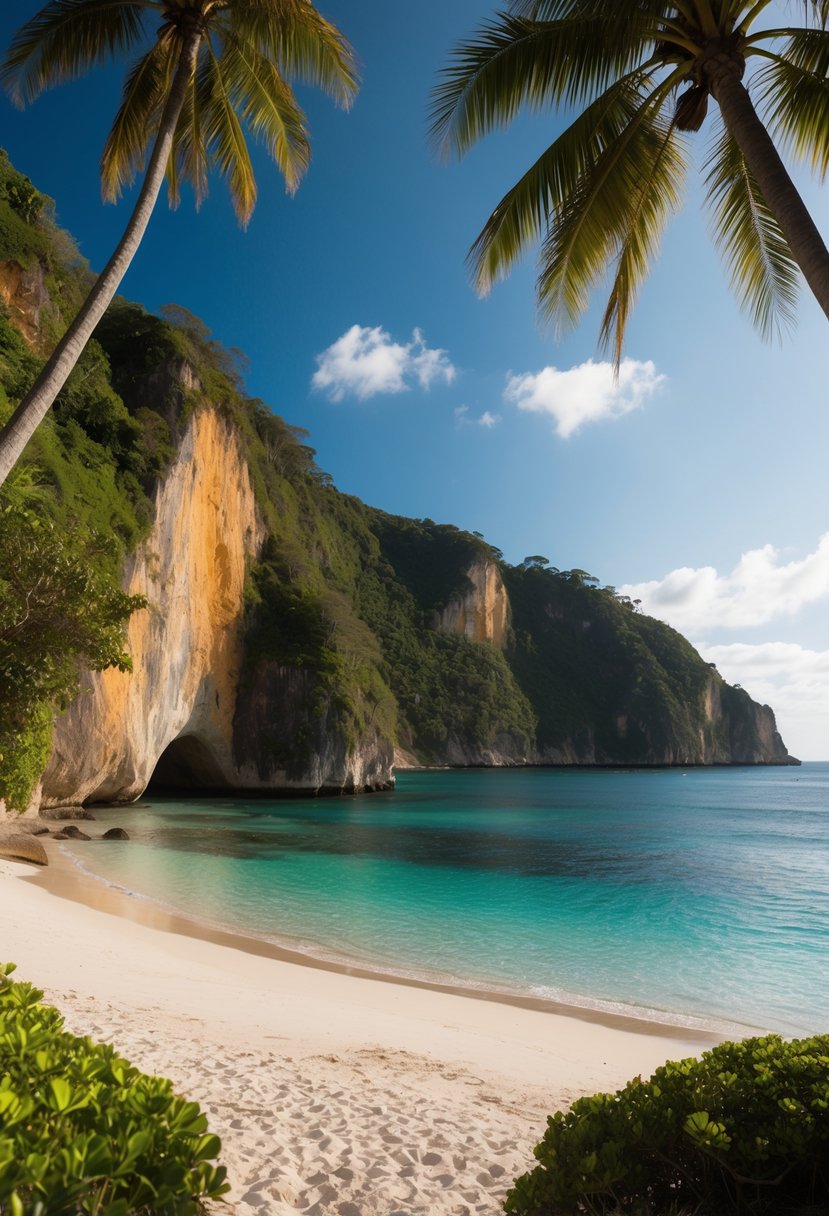 A secluded beach with palm trees, white sand, and crystal-clear waters, framed by colorful cliffs and lush greenery in Trancoso, Brazil
