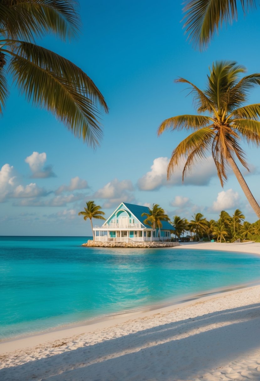 A serene beach with crystal-clear waters and palm trees, overlooking the iconic Dolphin House on Bimini Island in the Bahamas