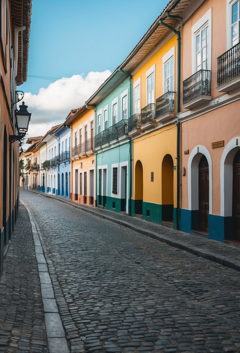 A charming cobblestone street lined with colorful colonial buildings in Ouro Preto, Brazil