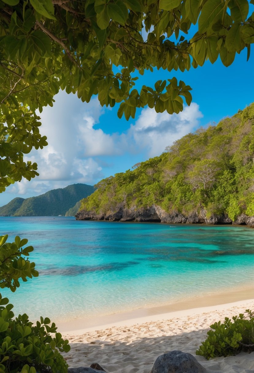 A serene beach at Lucayan National Park with crystal-clear waters, lush greenery, and a secluded atmosphere, perfect for a romantic honeymoon getaway