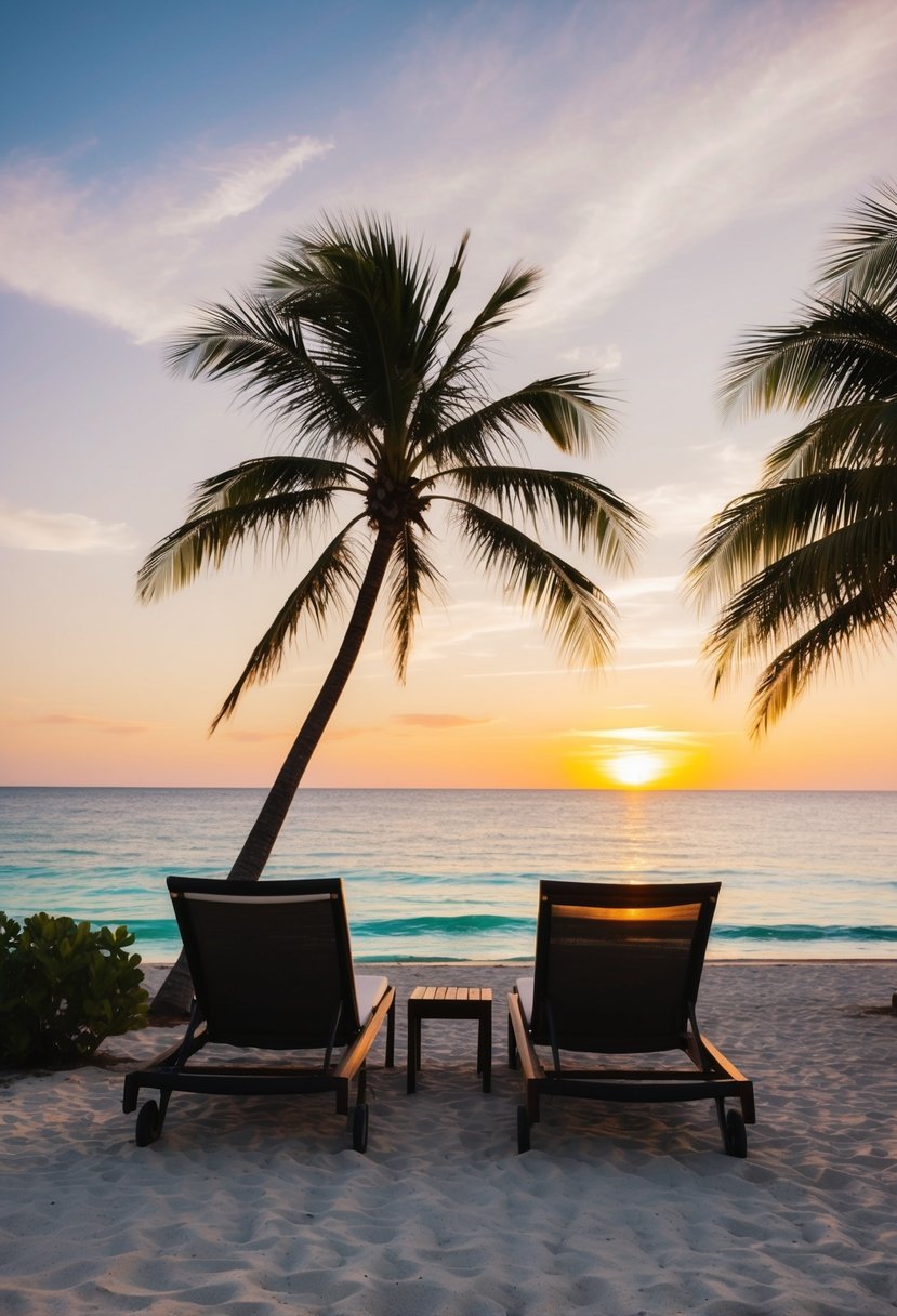 A serene beach at sunset, with palm trees, turquoise water, and a couple of lounge chairs facing the ocean