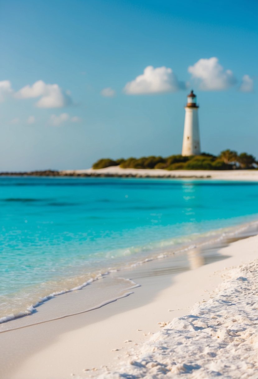 A serene, pristine beach with crystal-clear turquoise waters, powdery white sand, and a towering lighthouse in the distance