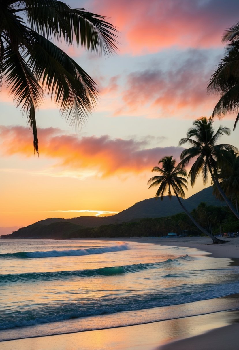 A serene beach at Florianópolis, Brazil, with crystal-clear waters, palm trees, and a colorful sunset casting a warm glow over the landscape