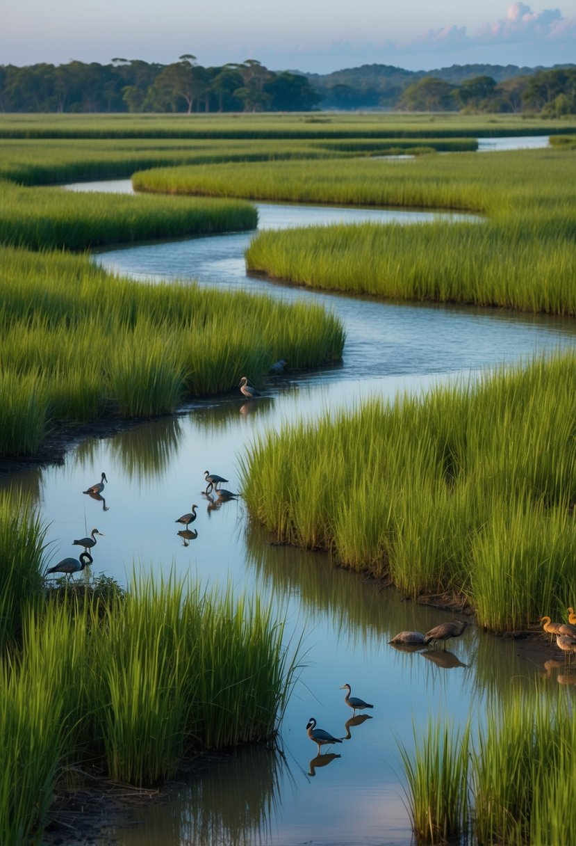 A tranquil river winding through lush wetlands in Pantanal, Brazil. Tall grasses, colorful birds, and diverse wildlife populate the serene landscape