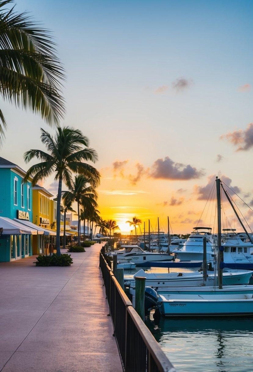 A serene sunset over the colorful buildings and palm-lined walkways of Port Lucaya Marketplace in Grand Bahama, with boats docked in the harbor