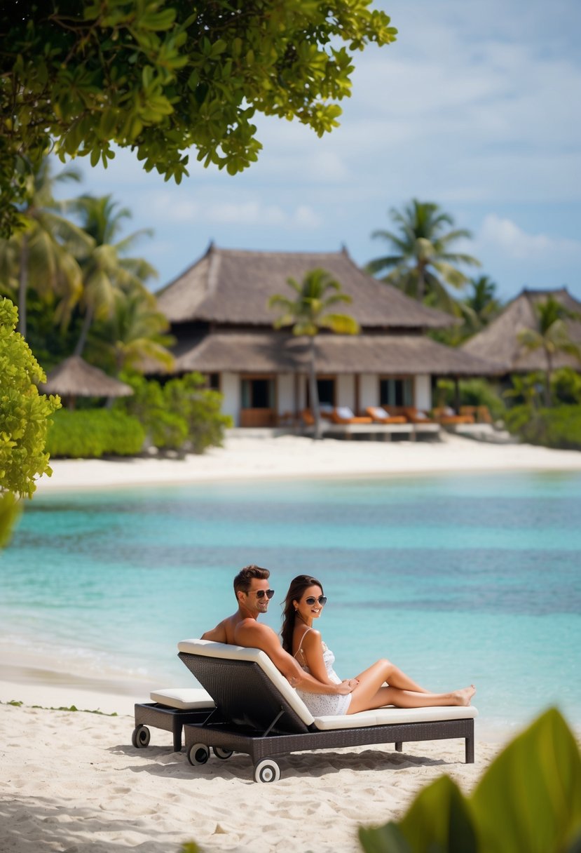 A couple lounging on a private beach, surrounded by lush greenery and crystal-clear waters, with traditional Balinese architecture in the background