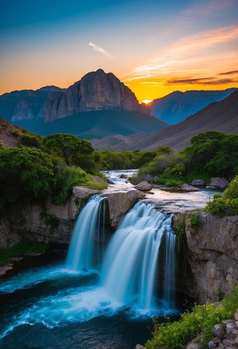 A stunning sunset over the rugged mountains of Chapada Diamantina, with lush greenery and cascading waterfalls
