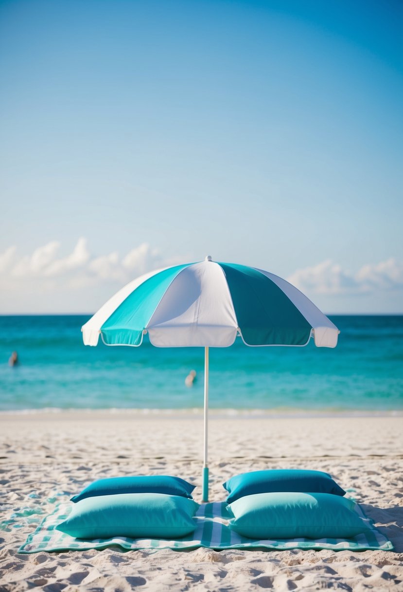 A couple's beach towels and umbrella set up on the white sand, with the turquoise waters of Cable Beach stretching out in front of them
