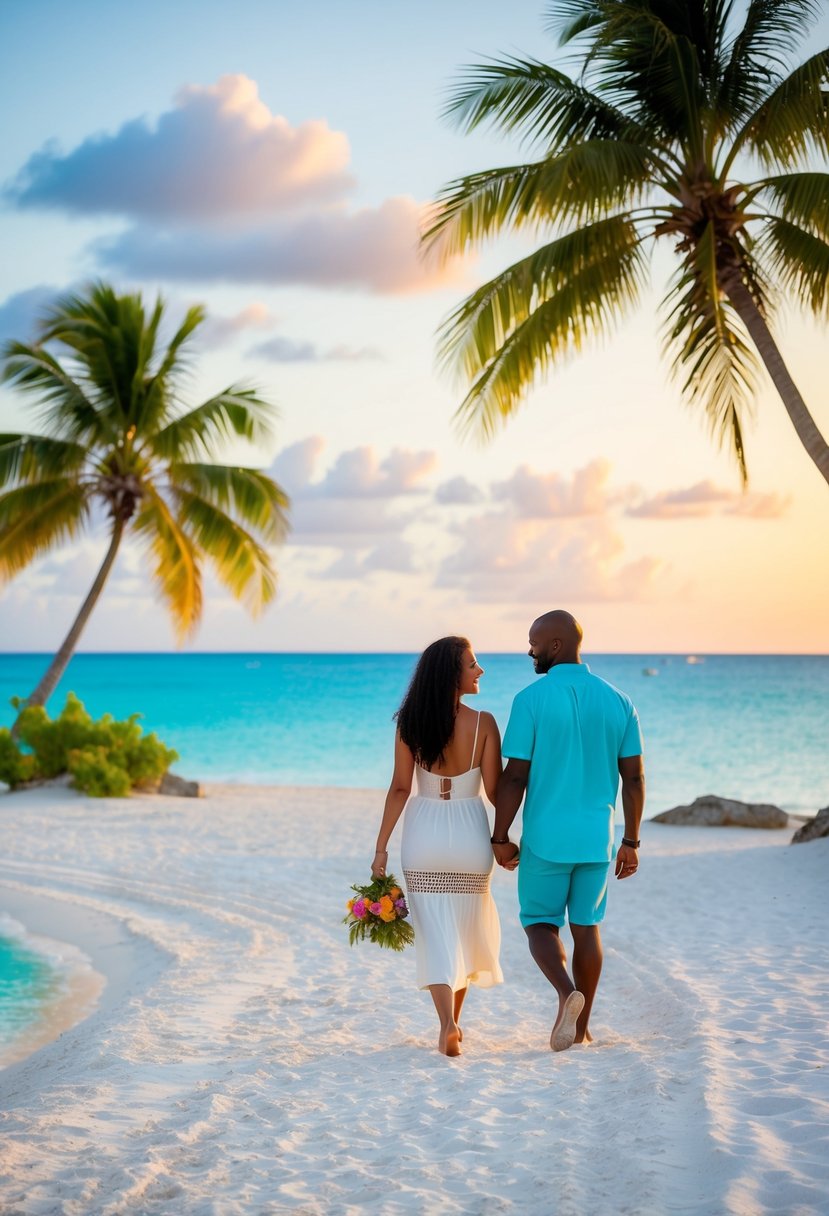 A couple strolling on a white sand beach, clear blue waters, lush green palm trees, and a colorful sunset over the horizon in Antigua, Antigua and Barbuda