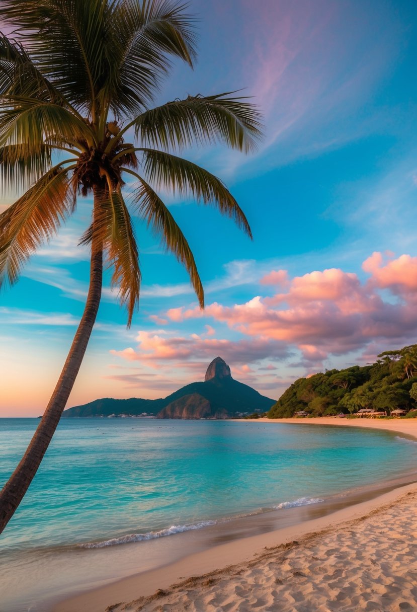 A serene beach at Búzios, Brazil, with crystal clear waters, palm trees, and a colorful sunset sky