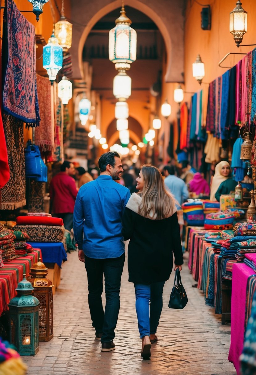 A couple strolling through the vibrant souks of Marrakech, surrounded by colorful textiles, ornate lanterns, and bustling market vendors