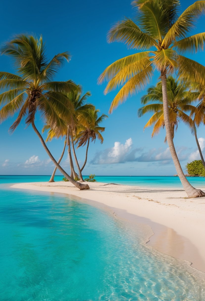 A serene beach with crystal-clear turquoise waters and palm trees lining the shore on Norman's Cay in the Bahamas
