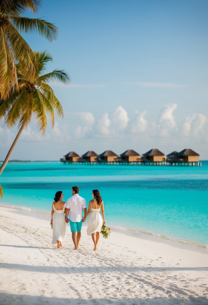 A couple walks along a white sand beach, crystal-clear turquoise water stretching to the horizon. Overwater bungalows and palm trees dot the shoreline