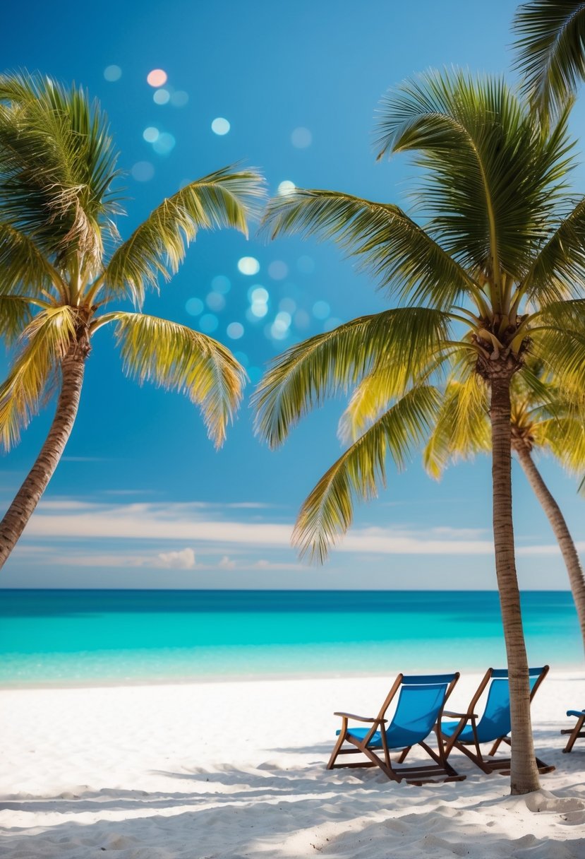 A serene beach scene with crystal clear water, palm trees, and a couple of beach chairs on the white sandy shore