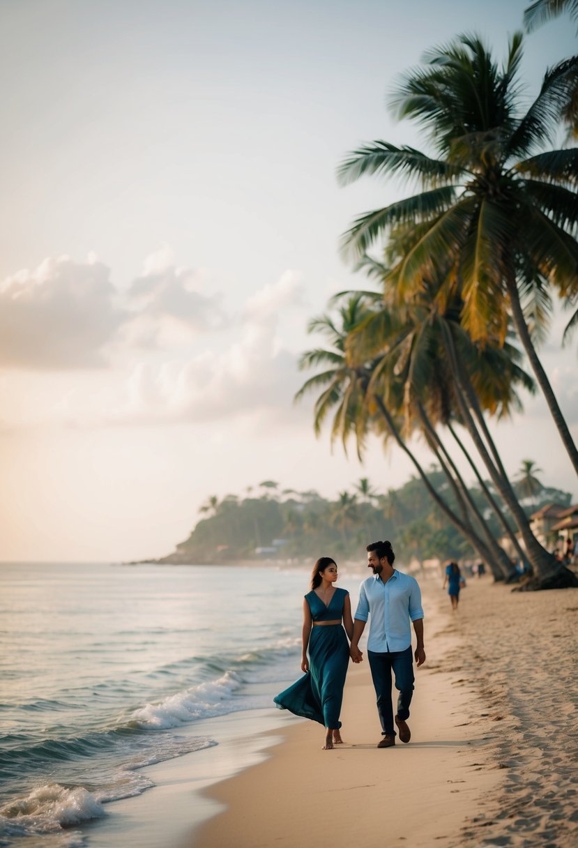 A couple strolling along the picturesque coastline of Galle, Sri Lanka, with palm trees swaying in the gentle ocean breeze