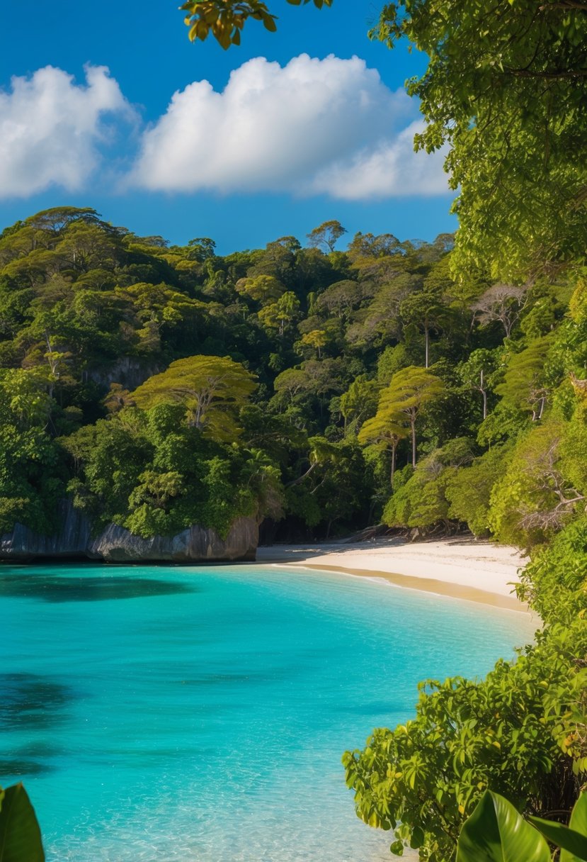 A secluded beach with crystal clear waters, surrounded by lush rainforest and vibrant wildlife