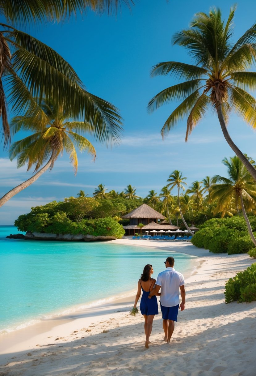 A couple walks along a pristine beach, palm trees swaying in the gentle breeze, turquoise waters lapping at the shore. A luxurious resort sits nestled among lush greenery, offering a secluded paradise for a romantic honeymoon