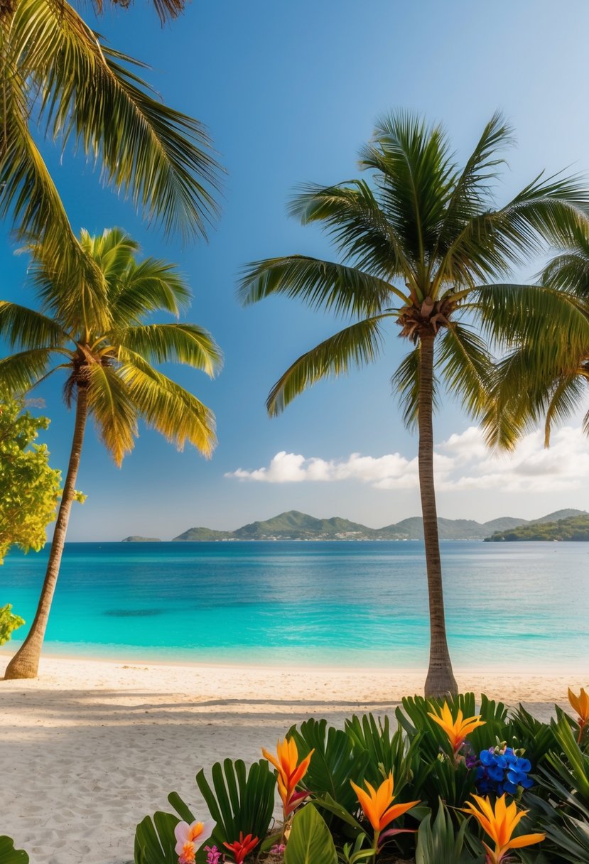 A serene beach at Porto de Galinhas, Brazil, with crystal-clear turquoise waters, palm trees, and a colorful array of tropical flowers