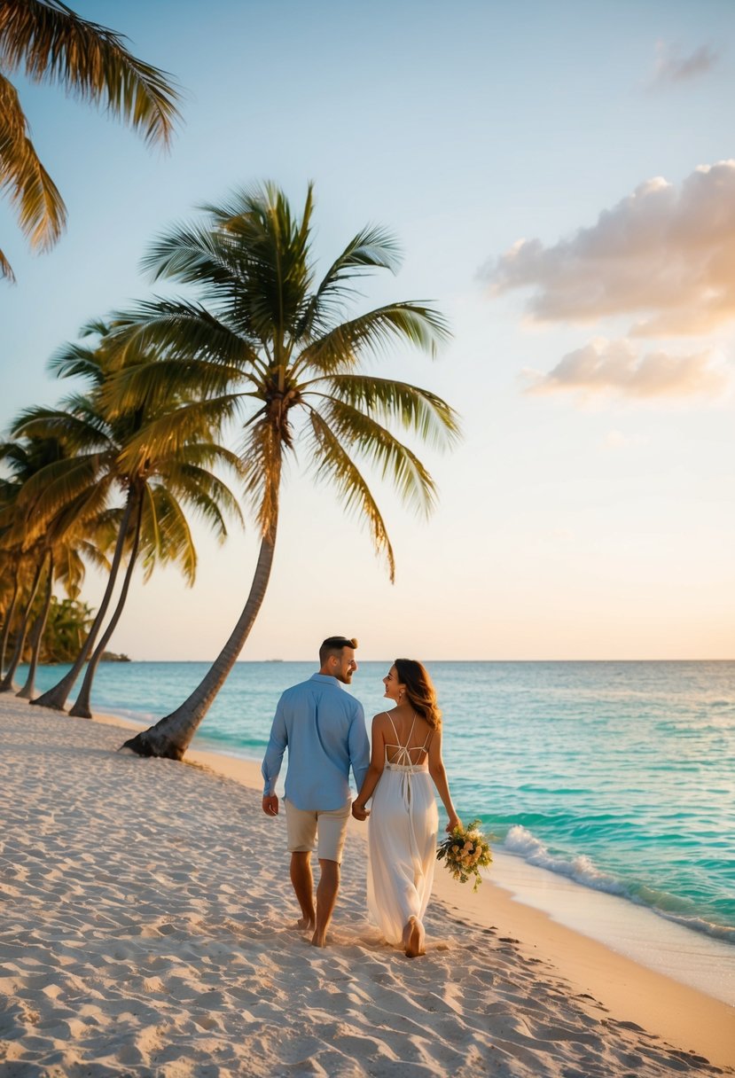 A couple strolls along a pristine beach at sunset, palm trees swaying in the warm breeze, as the turquoise ocean stretches out before them