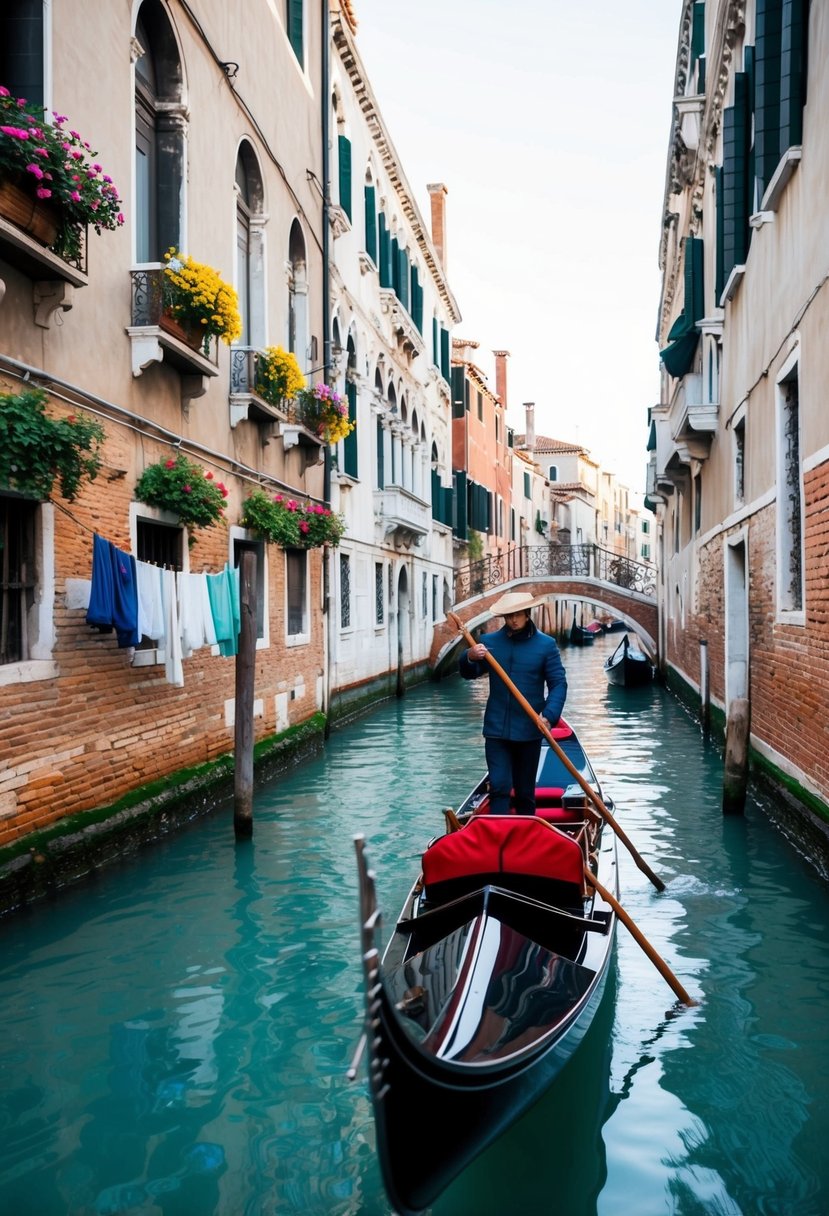 A gondola glides through the narrow canals of Venice, passing by ancient buildings adorned with colorful flowers and laundry hanging from the windows