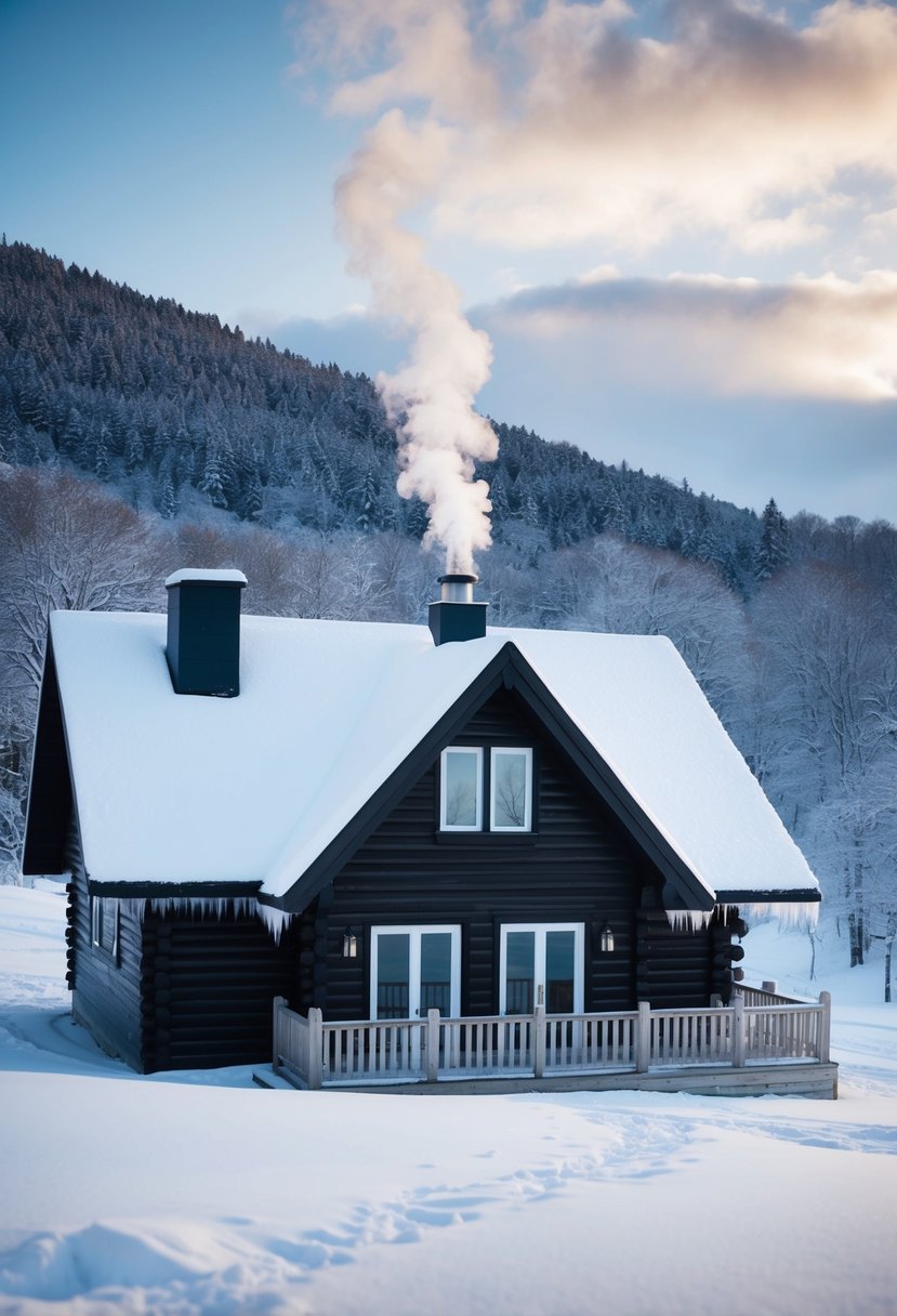 A snow-covered cabin nestled in a serene, wintry landscape. Icicles hang from the eaves as smoke curls from the chimney