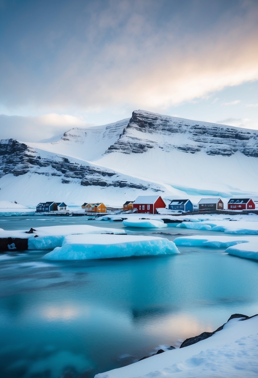 A serene landscape of snow-covered mountains and icy blue waters in Reykjavik, Iceland, making it a perfect cold honeymoon destination