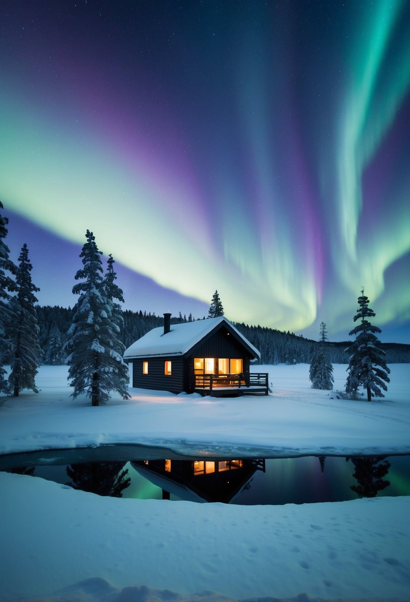 A cozy cabin in Lapland, Finland, surrounded by snow-covered pine trees and a frozen lake under the northern lights