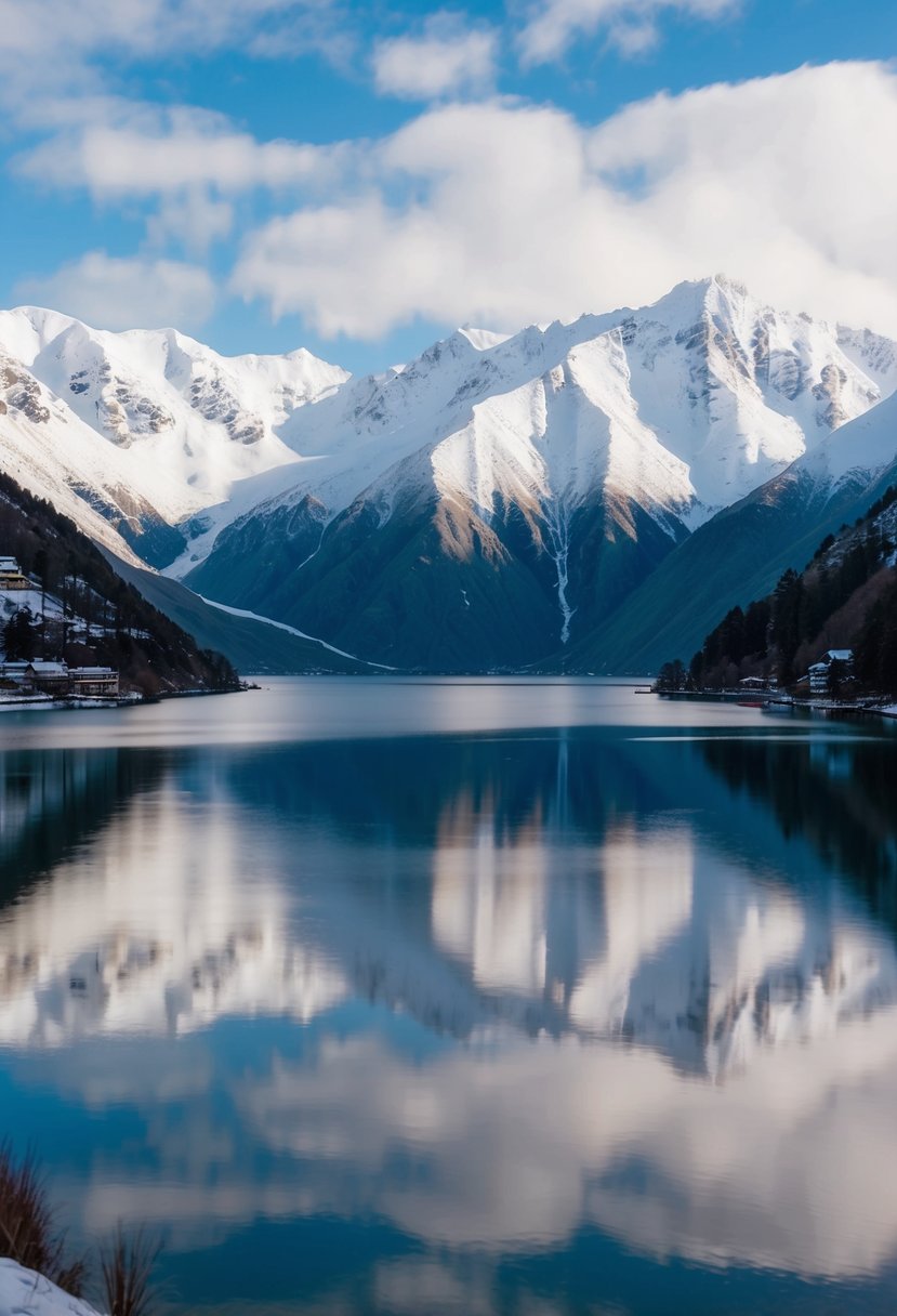 A snow-covered mountain range overlooking a serene lake in Queenstown, New Zealand