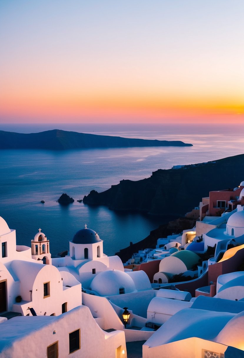 A picturesque sunset over the white-washed buildings of Santorini, with the Aegean Sea stretching out in the background